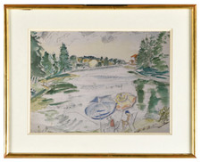 VERNHES (XX°) ELEVE D'ANDRE LHOTE / BELLE SCENE ANIMEE AU LAC (10)