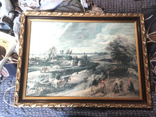 grand ancien tableau huile sur toile scene de genre dans un encadrement dorure