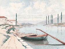 Paysage Fluvial Bateau De Pêche Aquarelle Dessin 1894