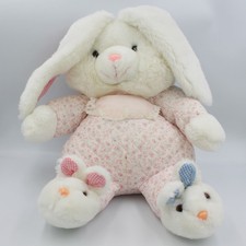 Ancienne peluche lapin blanc rose bleu fleurs chaussons pantoufles IMPEXIT - 277