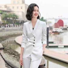 Costume Ensemble Femme Bureau Veste Pantalon Manches Slim Fit Blanc T123