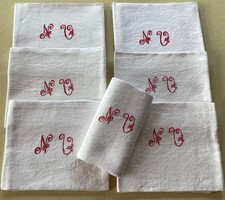 7 anciennes serviettes de table damas de lin monogramme brodé NV