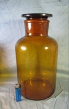 Enorme ancien bocal de pharmacie de 6 L  en verre soufflé ambré,avec son bouchon