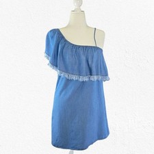 Splendid One Shoulder Indigo Tencel Ruffle Fringe Chambray Dress Size Large
