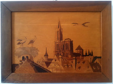 Tableau en marqueterie de Joseph Aufderbruck, les toits de Strasbourg, Alsace.
