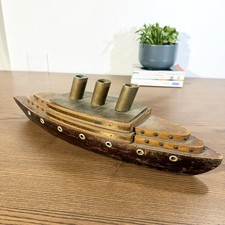 Boîte à cigares vintage paquebot – Liner 1930s en bois & laiton – art déco