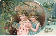 Carte Gaufrée - Noël - Fröhliche Weihnachten - Deux fillettes près d'un sa