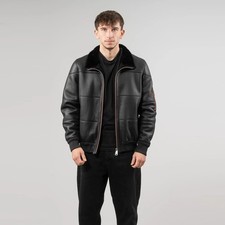 Veste en cuir de mouton noir pour hommes avec col en fourrure