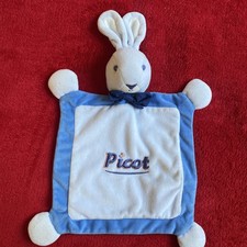 🇫🇷 Doudou Lapin Noeud Bleu Carré Bleu Brodé Picot TTBE