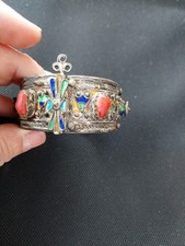 BRACELET KABYLE BERBERE ARGENT EMAIL ANCIEN DEBUT XXemeS 3,2 CM DE LARGE 