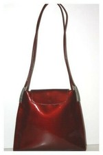 TEXIER Sac Vintage Cuir Vernis Brillant Rouge Foncé Reflets Anses Fines TBE