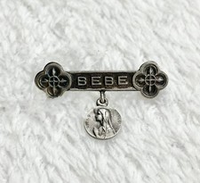 ANCIENNE BROCHE BEBE AVEC PETITE MÉDAILLE - ARGENT MASSIF 