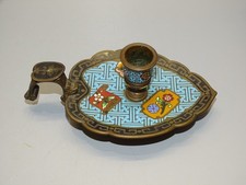 -  SUPERBE ANCIEN BOUGEOIR A MAIN EMAUX CHAMPLEVES BELLE PRISE DE MAIN EMAIL  D