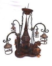 QUIMPER Couple Breton Fountain 4 Light Chandelier Carved Wood Figure Vintage