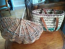 Ancien panier enfant X 2 -adulte osier/rotin tressé et raphia + cuir