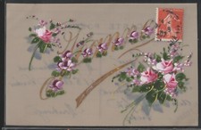 CH191 CELLULOID HAND PAINTED NAME JEANNE VIOLETS ROSES 1907