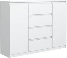 Commode Blanche Mat avec 4 tiroirs et 2 Portes 120 cm, Meuble Rangement Chambre