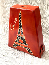 Tirelire en Cuir de Buffle Orange Paris Tour Eiffel Neuf H= 17cm Jolie déco