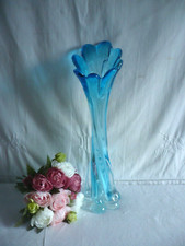 Vase  soliflore vintage verre soufflé bleu turquoise 38cm