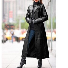 Manteau long en cuir noir pour