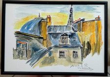 AQUARELLE LES TOITS DE PARIS LA TOUR EIFFEL TABLEAU PEINTURE JUMEAUX JEAN PIERRE