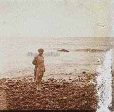 Femme Plage La Mer c1920 Photo Stereo Plaque de Verre Vintage V39nL22