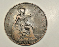 1919-H  Grande-Bretagne One Penny - Type plus rare   RARE historique coin