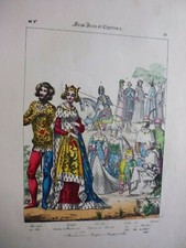 Gravure 19° histoire Mode:costume sous Jean et Charles V: le fou du roi,la Reine