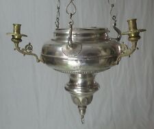  Lustre d'église , lampe de sanctuaire à 3 lumières en bronze argenté , XIXème 