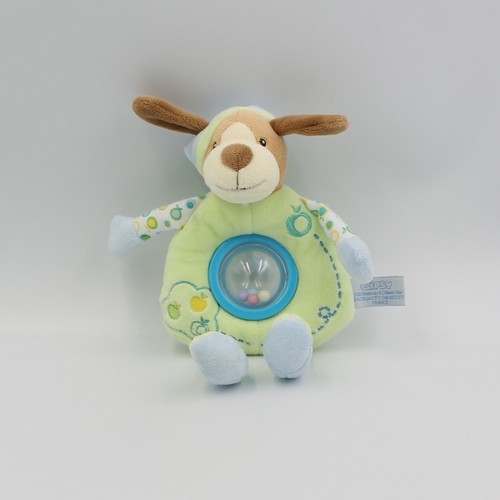 Doudou hochet chien vert bleu