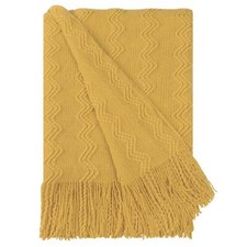 Couverture Tricotée 100% Motif Vague Franges pour Maison Lit Canapé Voyage Jaune