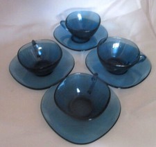 Lot 4 tasses café verre bleu carrées 60s 50s Vintage Blue Glass Coffee Cups Set