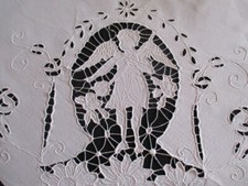 Stunning AntiqueFrench Linen Sheet Angels Monogram Richelieu lacework 88” x 105"