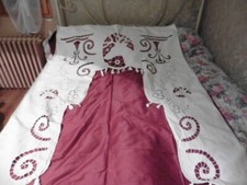 ANCIEN RIDEAU LIN CREME BRODERIE TETE DE CERF  FLEURS 155 H X 115 LARGEUR