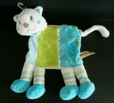 R9 - DOUDOU PLAT NICOTOY CHAT BLANC VERT BLEU POIS RAYURE PINCE A LINGE ET.NEUF*