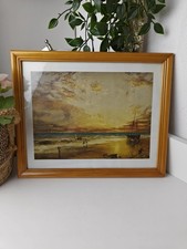 Tableau Paysage vintage Marin - Port / Bateaux à Marée Basse - Signée