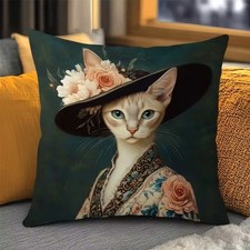 Housse de coussin CHATTE SPHYNX ELEGANTE GRAND CHAPEAU 45 cm Chat humanisé