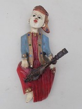 Ancienne statue murale musicien en bois sculpté peint à la main - Asie, Birmanie