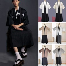 3Pcs Hommes Kimono Cardigan Yukata Ensemble Hakama Robe Tradition Pants Cosplay