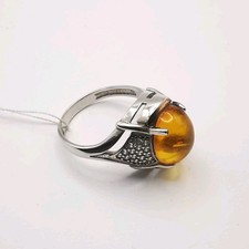 Bague neuve argent 925 et or 9K, zirconium, ambre miel baltique naturel 4,5 g
