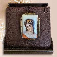 VINTAGE LIMOGES FRANCE HAND PAINTED PORCELAIN "Eugenie de Montijo Paris" Brooch