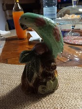 FIGURINE PERROQUET OISEAU PERROQUET VERT VINTAGE Barbotine 