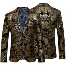 Hommes Habillé Velours Imprimé Feuille D'Or Veste Costume Blazer Robe Bal Haut