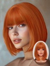 Perruque Synthétique Courte Rousse Orange Frange Lisse +4 Bonnet