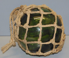 -JOLIE ANCIENNE BOULE de FLOTTEUR de FILET de Pêche couleur VERTE filet CORDE  D