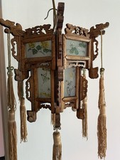 Lanterne Asiatique Ancienne Hexagonale - Panneau De Verre Peint Main Bois Lampe 