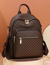 Sac A Dos A Carreaux Brun Marron Foncé Femme Vintage En Simili Cuir Zippé Grand