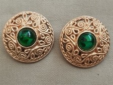 BOUCLES D'OREILLE METAL DORÉ Grossé Dior Cabochon Pâte De Verre Haute Couture 
