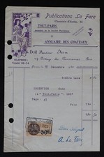 Facture 1930 TOUT PARIS Annuaire des châteaux Publication LA FARE billhead 147