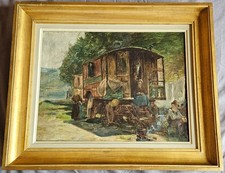 Peinture huile sur toile ancienne " Roulotte et Bohémiens " Cadre doré